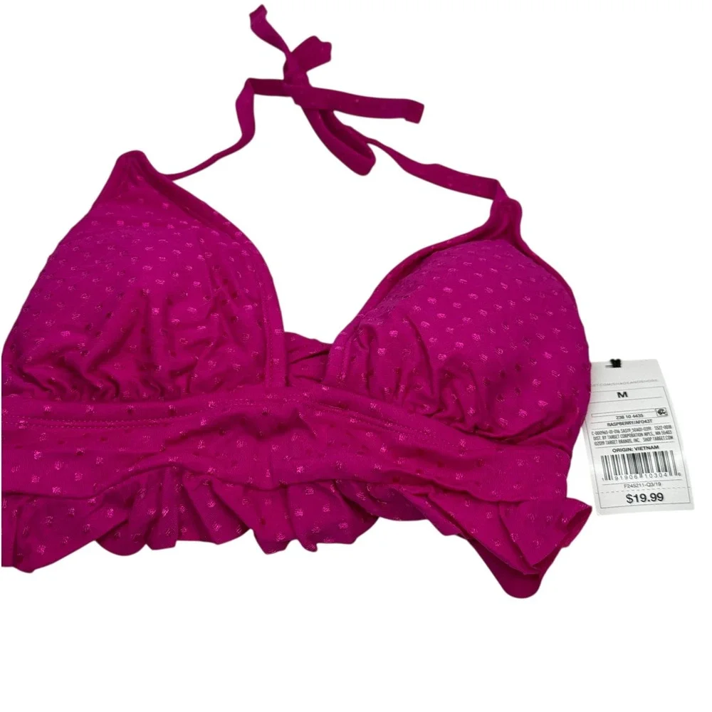 Shade Shore Raspberry Dot Ruffle‎ Halter Bikini Swim Top Women's Size Medium